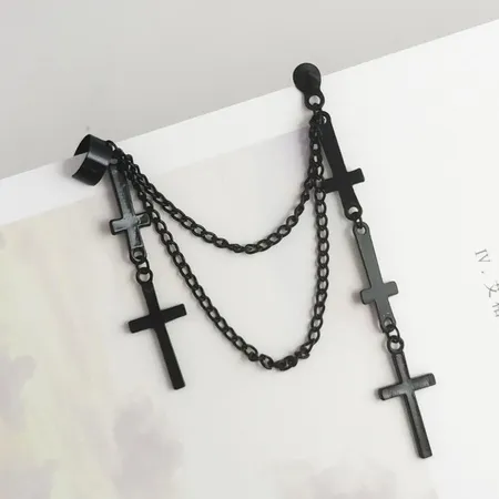 Imagen de producto de: Arete Cruz con doble cadena negro metalico
