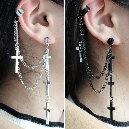 Imagen de producto de: Arete Cruz con doble cabena plateado